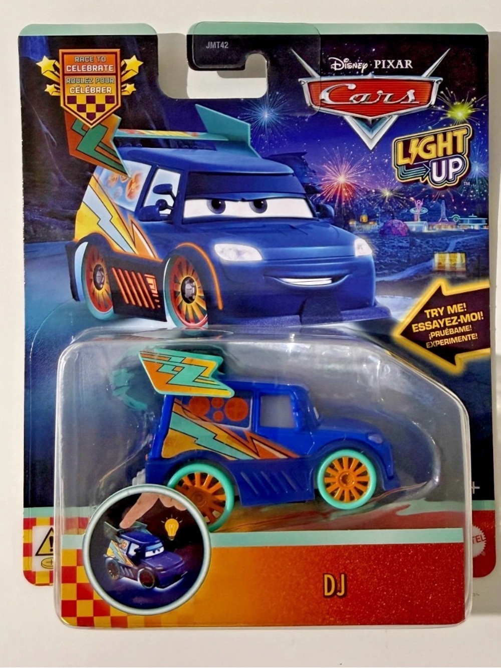 Disney Pixar Cars Light Up Race To Celebrate - DJ Lightning Racing Diecast NEW